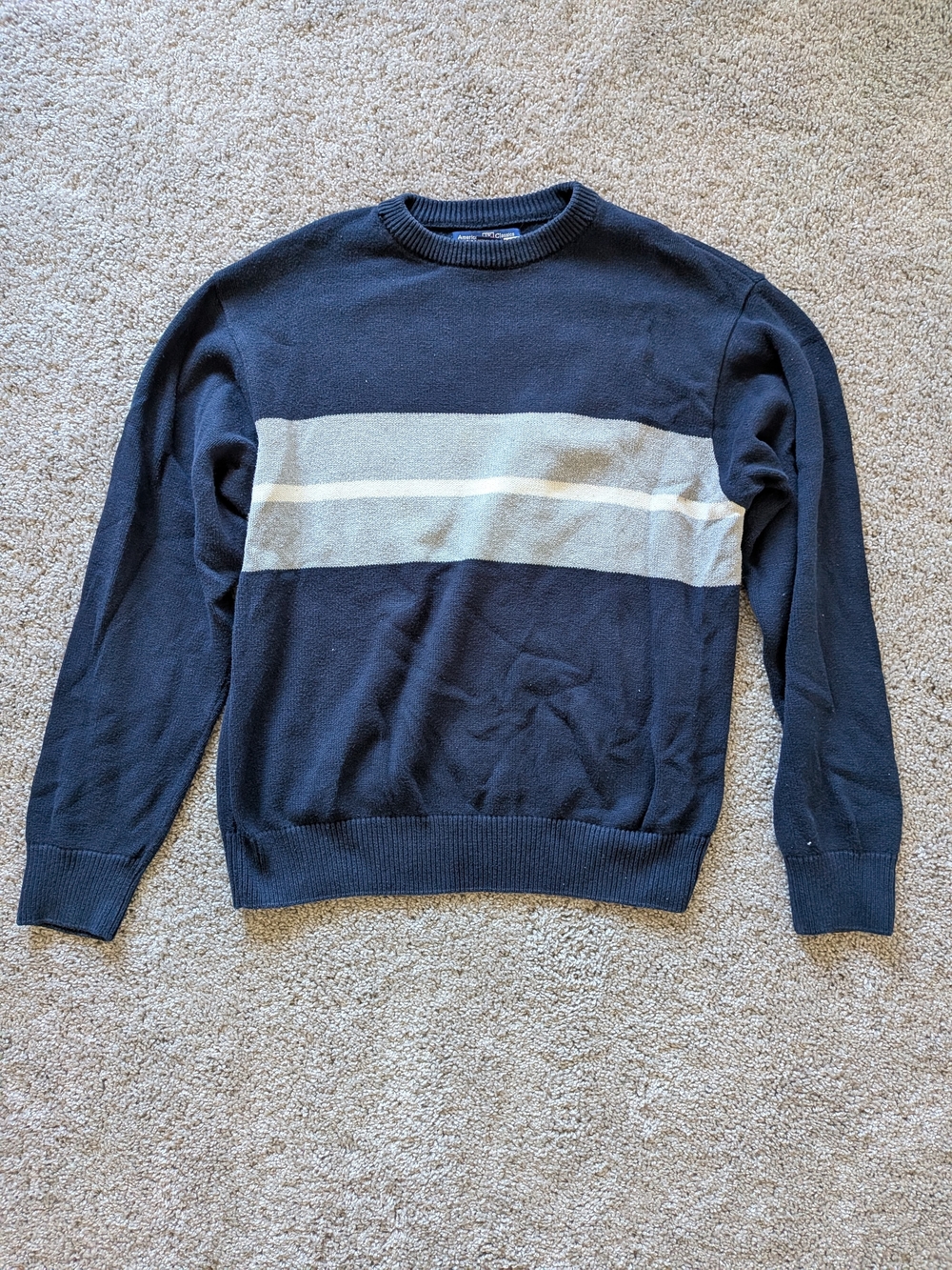 American Classics, International Waters Navy Crewneck Sweater with Grey Stripe